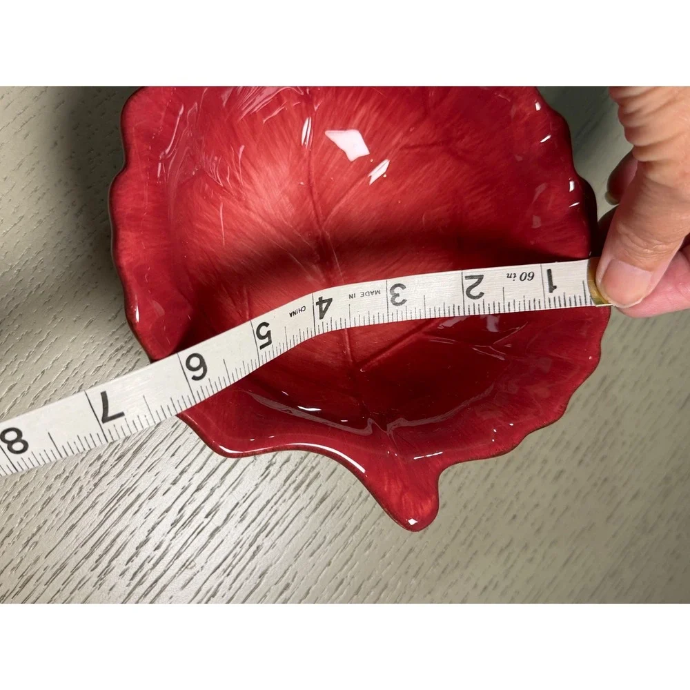Harvest Red Ceramic Leaf Bowl Scalloped Fall Autumn Serving Dish Glossy Crimson